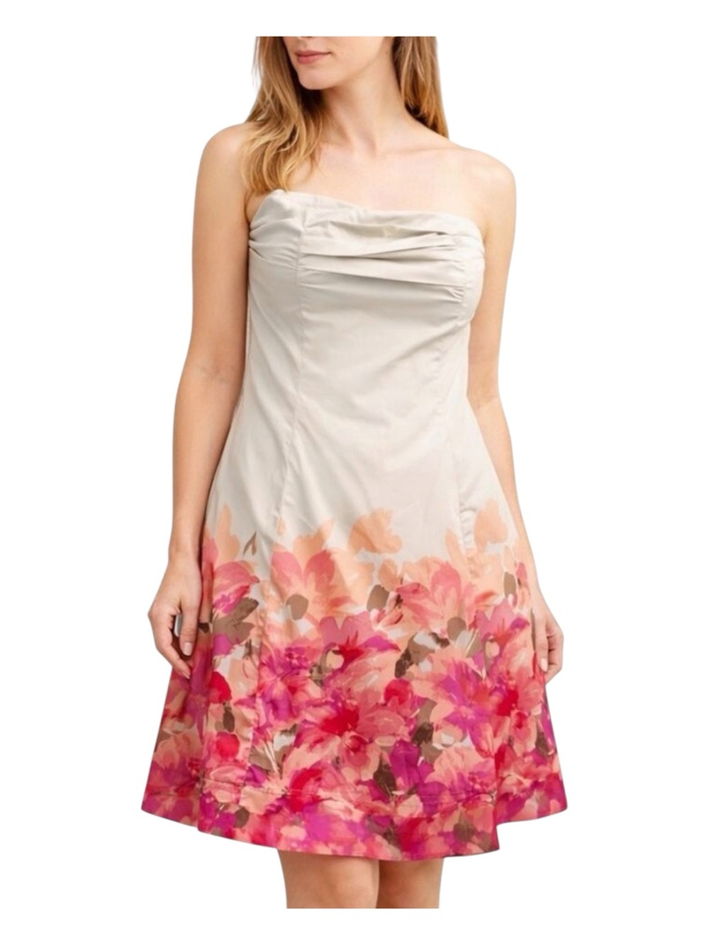 Stunning beige RW & Co. strapless dress cotton floral natural beauty neutral 12
